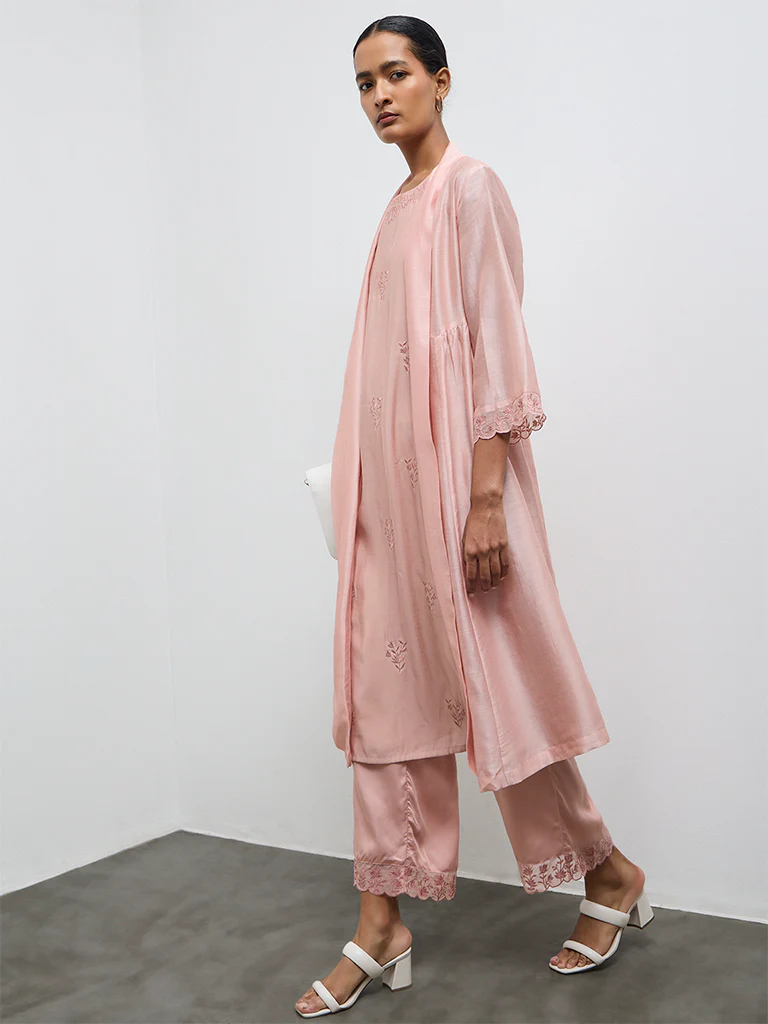 Zuba Dusty Pink Floral Embroidered A-Line Kurta - Image 3