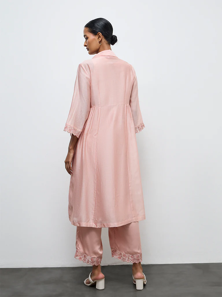 Zuba Dusty Pink Floral Embroidered A-Line Kurta - Image 4
