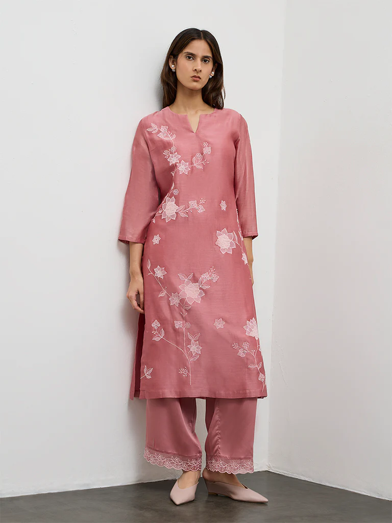 Zuba Dusty Pink Floral Embroidered Cotton-Blend A-Line Kurta - Image 2