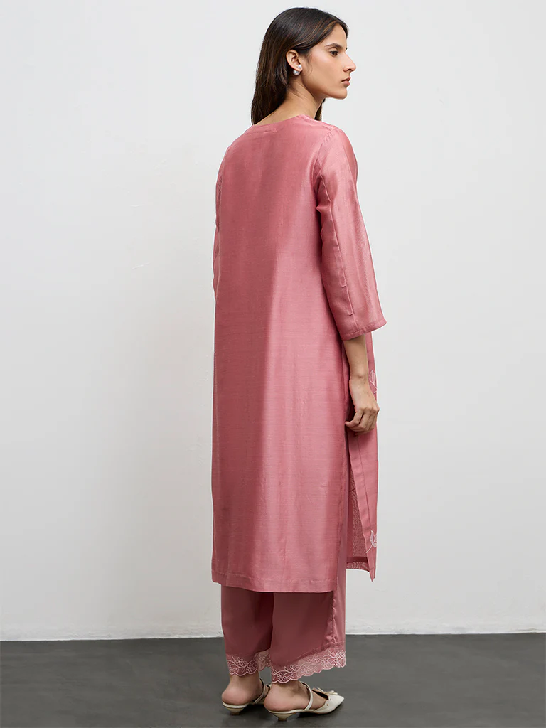 Zuba Dusty Pink Floral Embroidered Cotton-Blend A-Line Kurta - Image 4