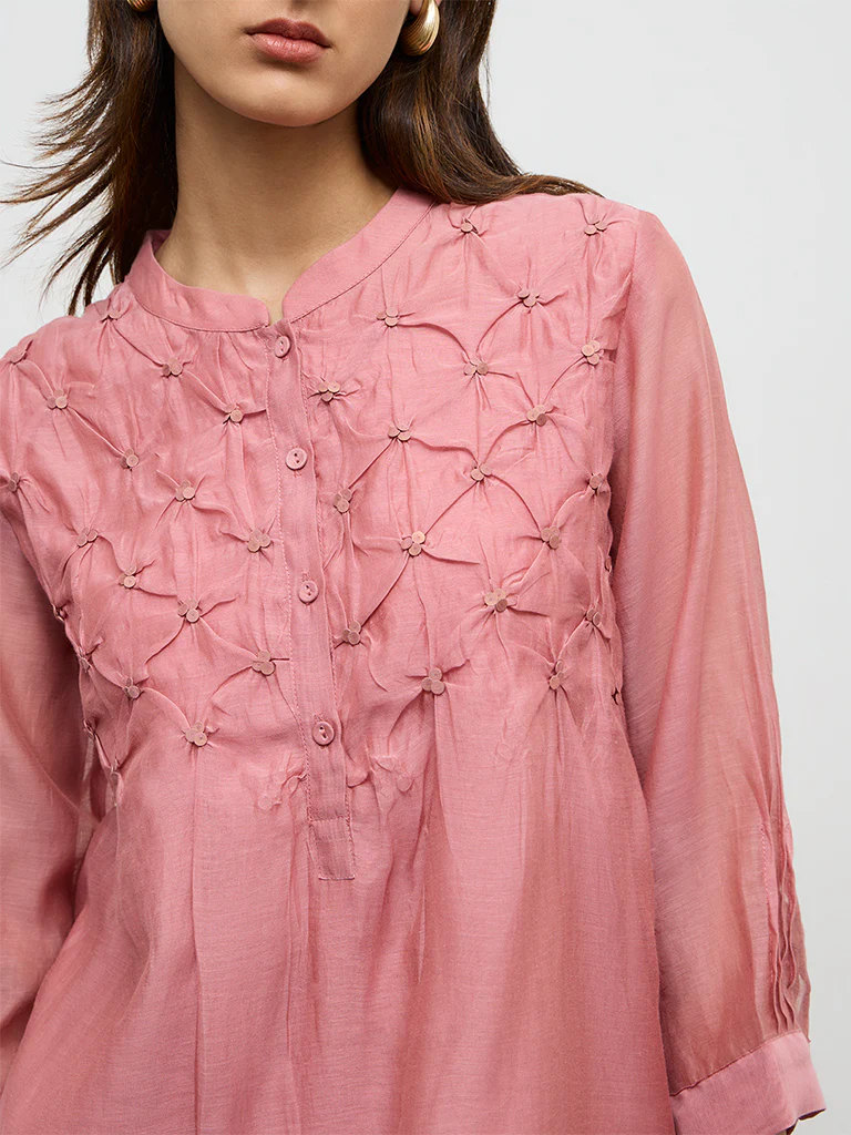 Zuba Dusty Pink Silk Chanderi Tunic - Image 3