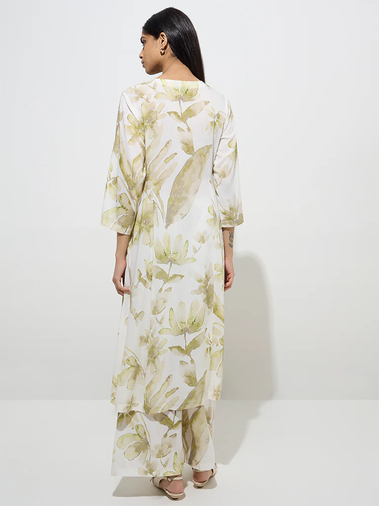 Zuba Green Floral Design A-Line Kurta - Image 4