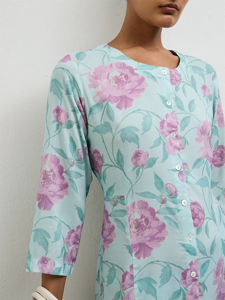 Zuba Green Floral Pattern A-Line Kurta - Image 3