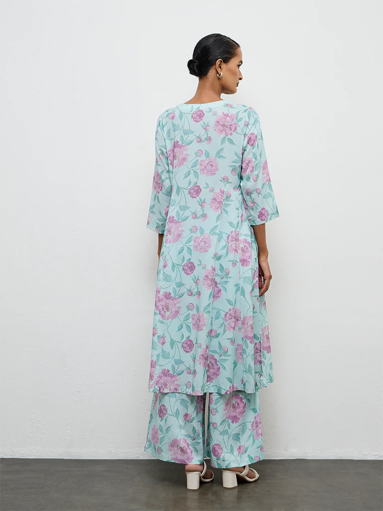 Zuba Green Floral Pattern A-Line Kurta - Image 4
