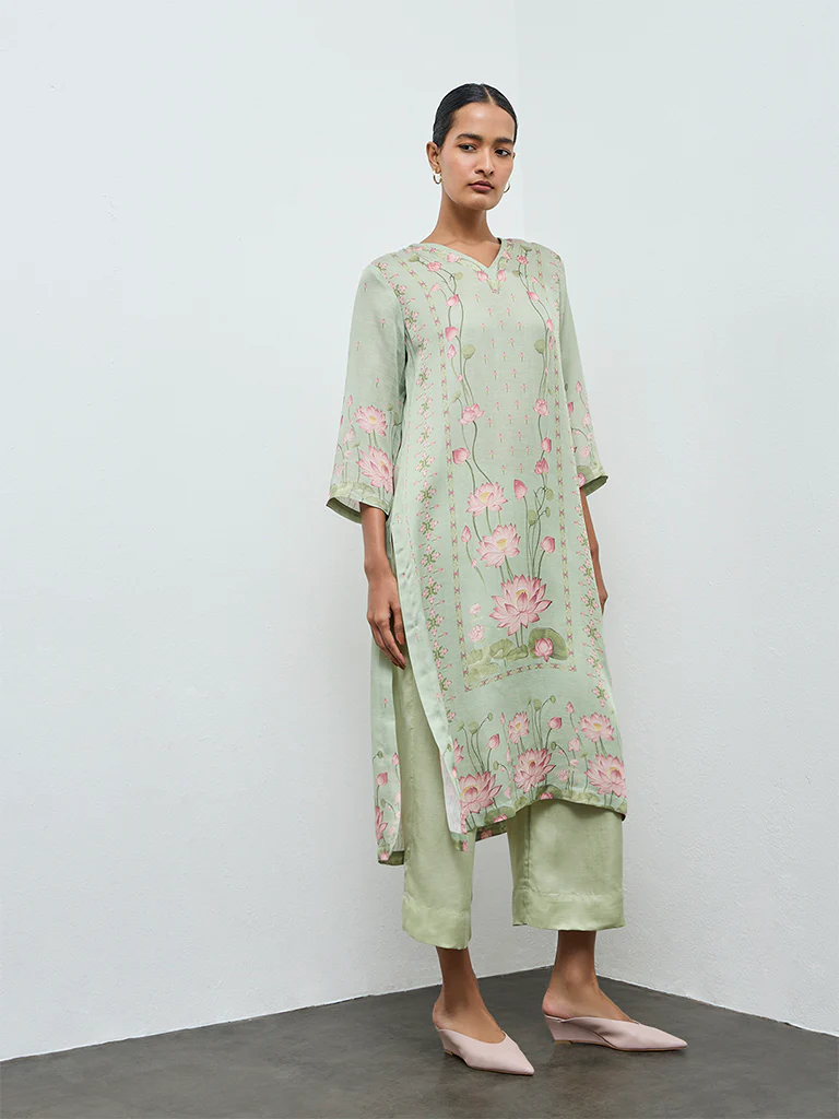 Zuba Green Floral Printed A-Line Kurta - Image 2