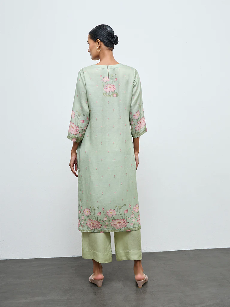 Zuba Green Floral Printed A-Line Kurta - Image 4