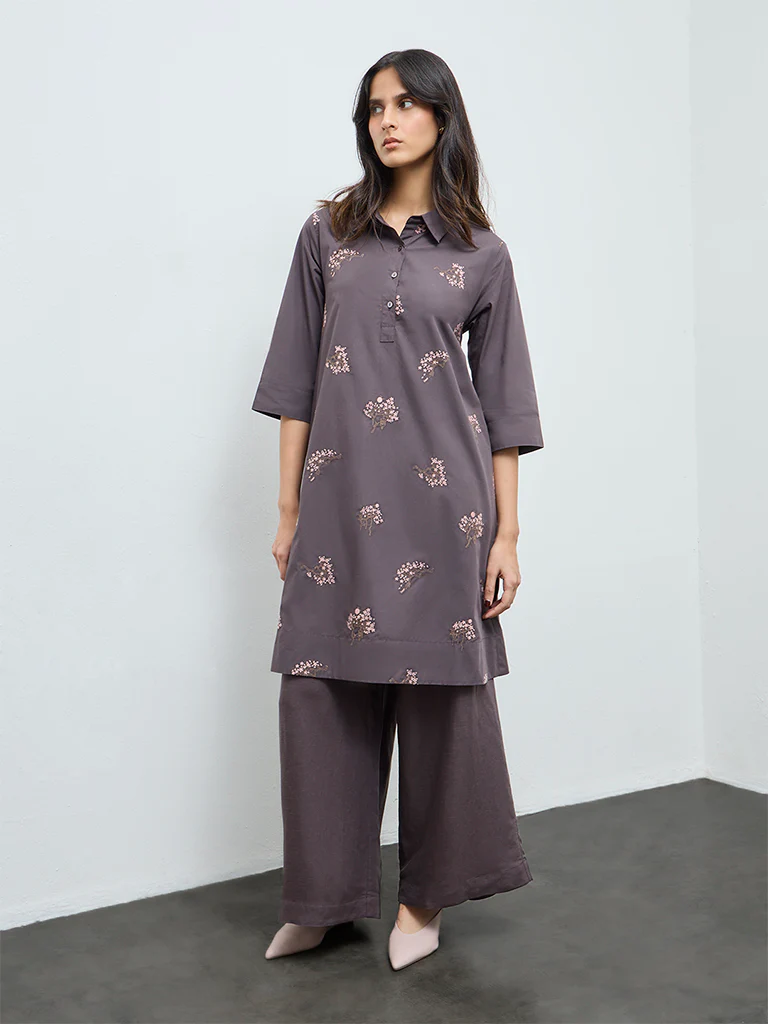 Zuba Grey Floral Embroidered Cotton A-Line Kurta - Image 2
