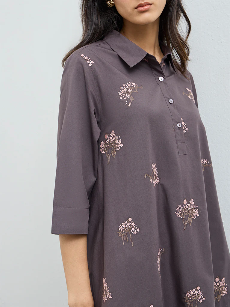 Zuba Grey Floral Embroidered Cotton A-Line Kurta - Image 3