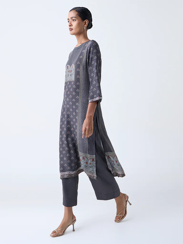 Zuba Grey Floral Pattern A-Line Kurta - Image 2