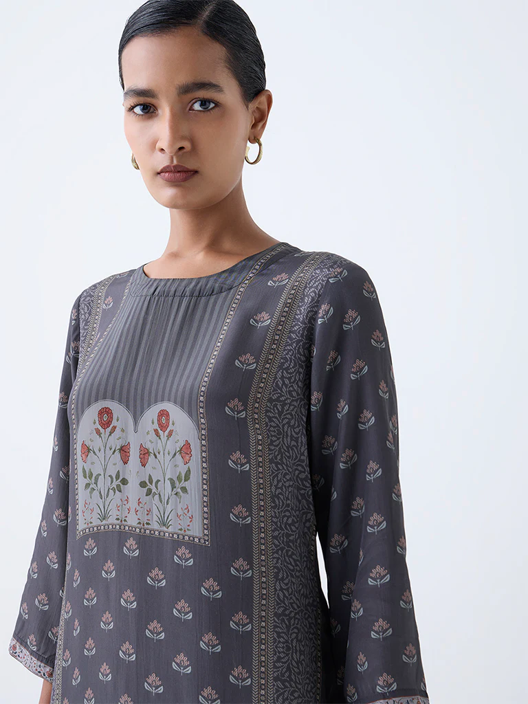 Zuba Grey Floral Pattern A-Line Kurta - Image 3