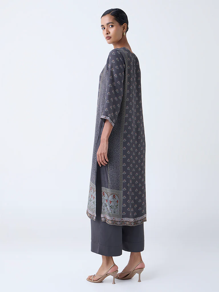 Zuba Grey Floral Pattern A-Line Kurta - Image 4