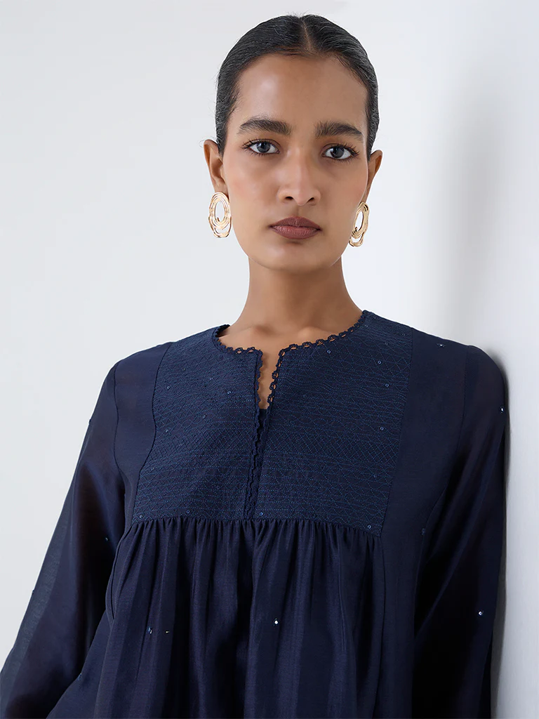 Zuba Indigo Mirror Embroidered Cotton-Blend Tunic with Inner - Image 3