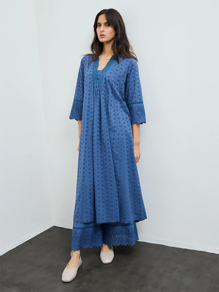 Zuba Indigo Schiffli Embroidered Anarkali Kurta