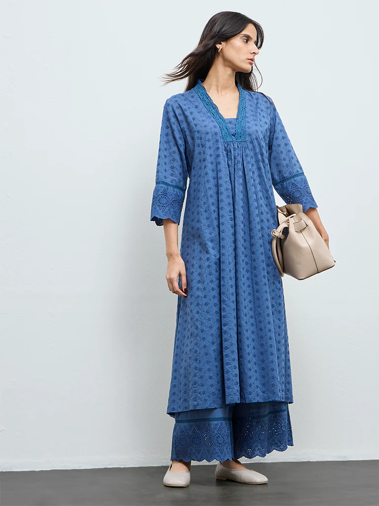 Zuba Indigo Schiffli Embroidered Anarkali Kurta - Image 2