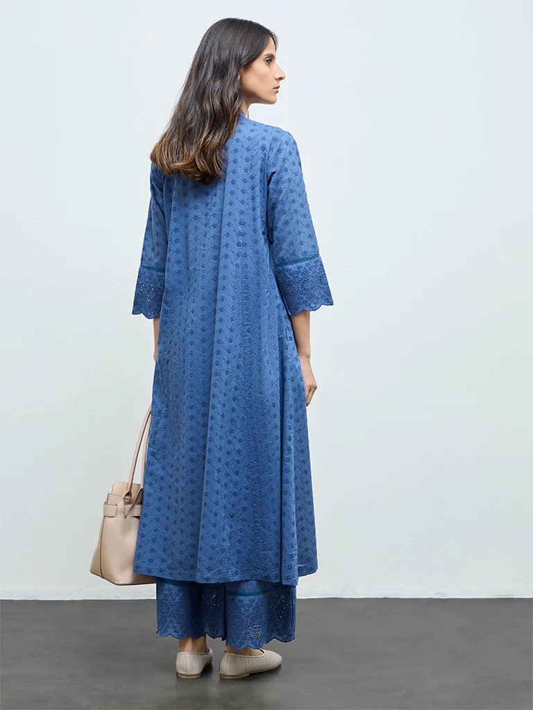 Zuba Indigo Schiffli Embroidered Anarkali Kurta - Image 4