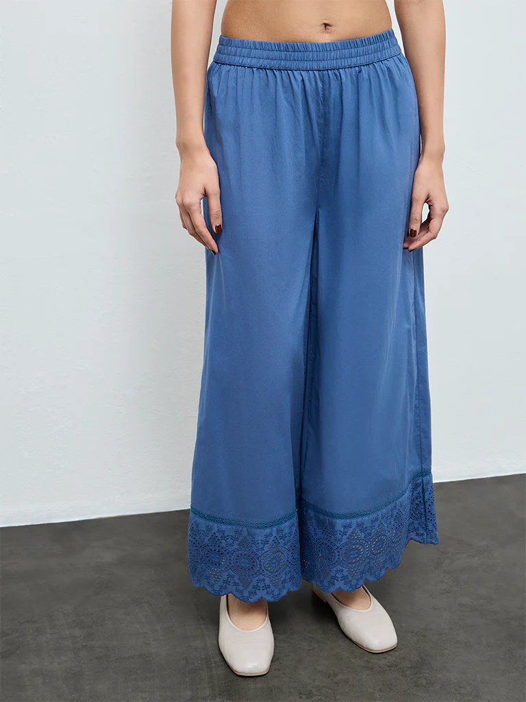 Zuba Indigo Schiffli Embroidered Palazzos