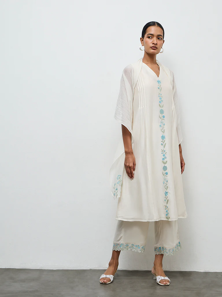 Zuba Ivory Embroidered Cotton-Blend A-Line Kurta - Image 2