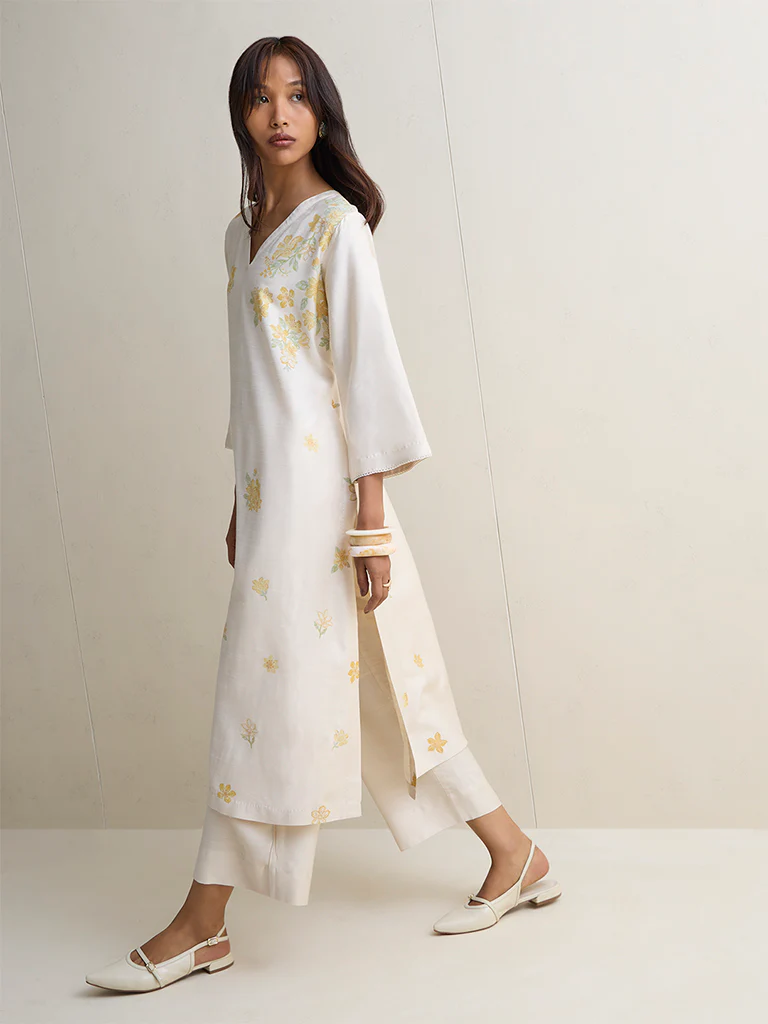 Zuba Ivory Floral Design A-Line Kurta - Image 2
