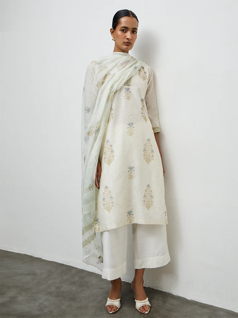 Zuba Ivory Foliage Printed Cotton-Blend Dupatta - Image 2