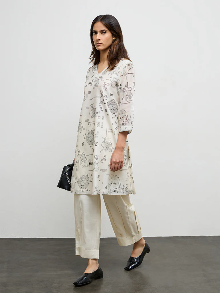 Zuba Ivory Printed Silk Chanderi A-Line Kurta - Image 2