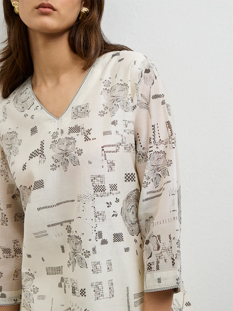 Zuba Ivory Printed Silk Chanderi A-Line Kurta - Image 3