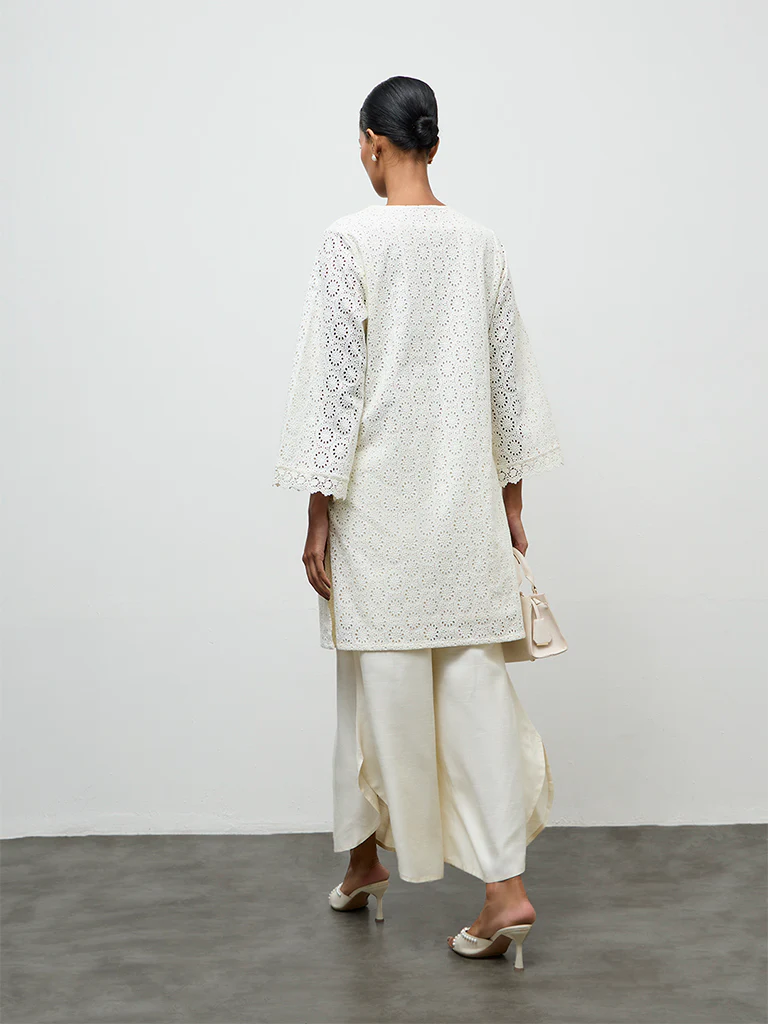 Zuba Ivory Schiffli Embroidered Cotton A-Line Kurta - Image 4