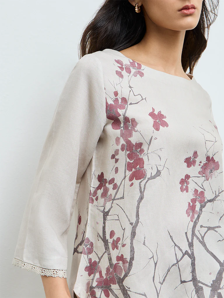 Zuba Light Beige Floral Pattern Tunic - Image 3