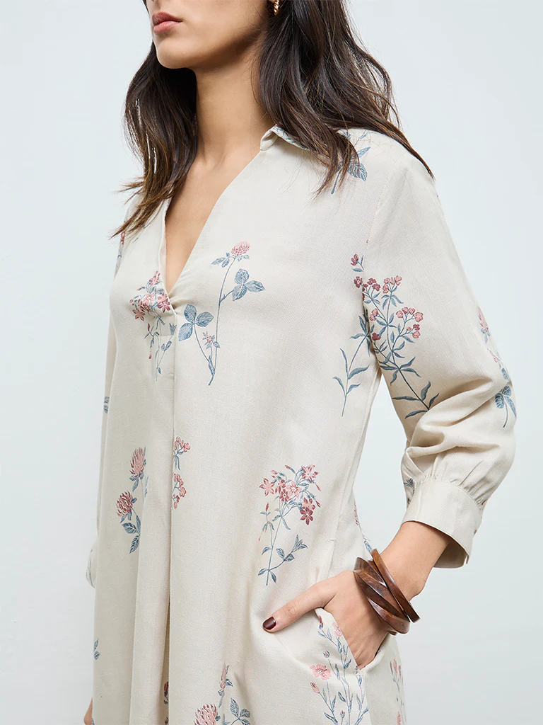 Zuba Light Beige Floral Printed A-Line Kurta - Image 3