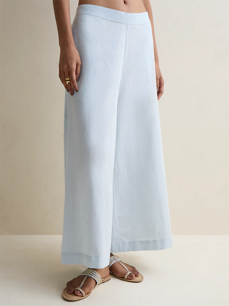 Zuba Light Blue Solid Cotton-Blend Palazzos