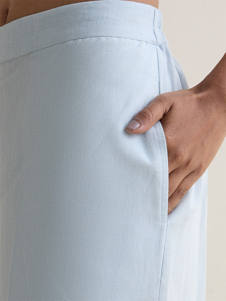 Zuba Light Blue Solid Cotton-Blend Palazzos - Image 3