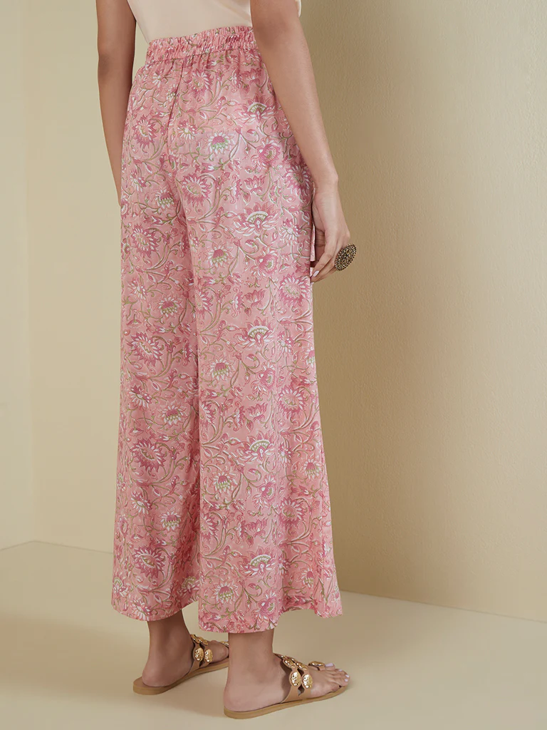 Zuba Light Pink Floral-Printed Flared Palazzos - Image 3
