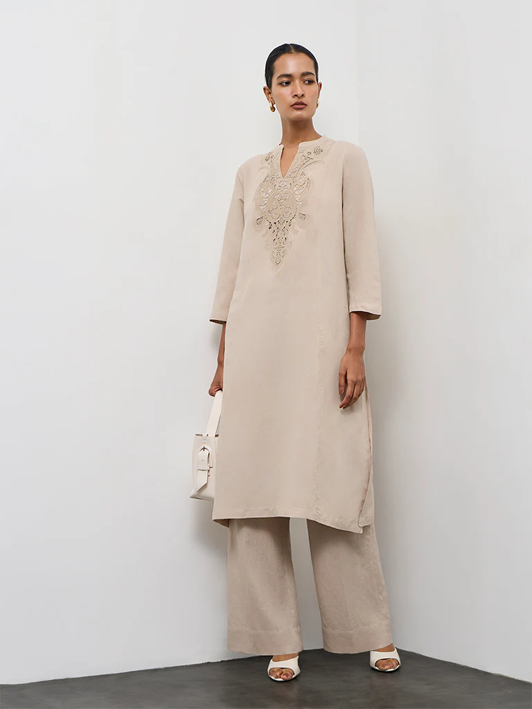 Zuba Light Taupe Embroidered Cotton Linen A-Line Kurta - Image 2