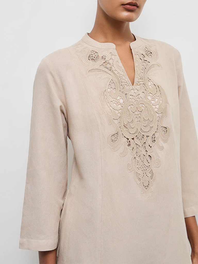 Zuba Light Taupe Embroidered Cotton Linen A-Line Kurta - Image 3