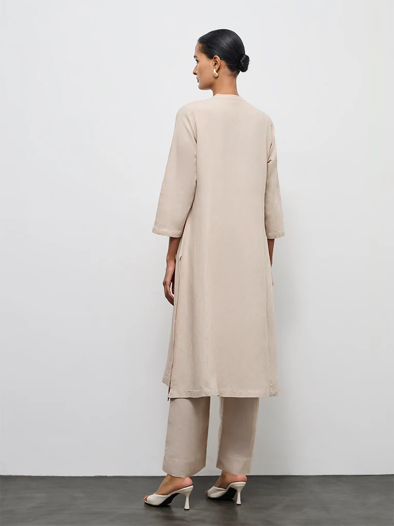 Zuba Light Taupe Embroidered Cotton Linen A-Line Kurta - Image 4