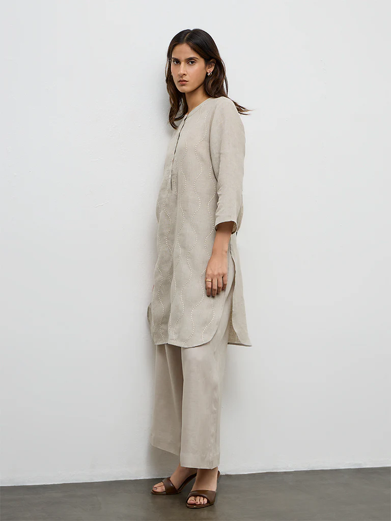 Zuba Light Taupe Embroidered Linen A-Line Kurta - Image 2