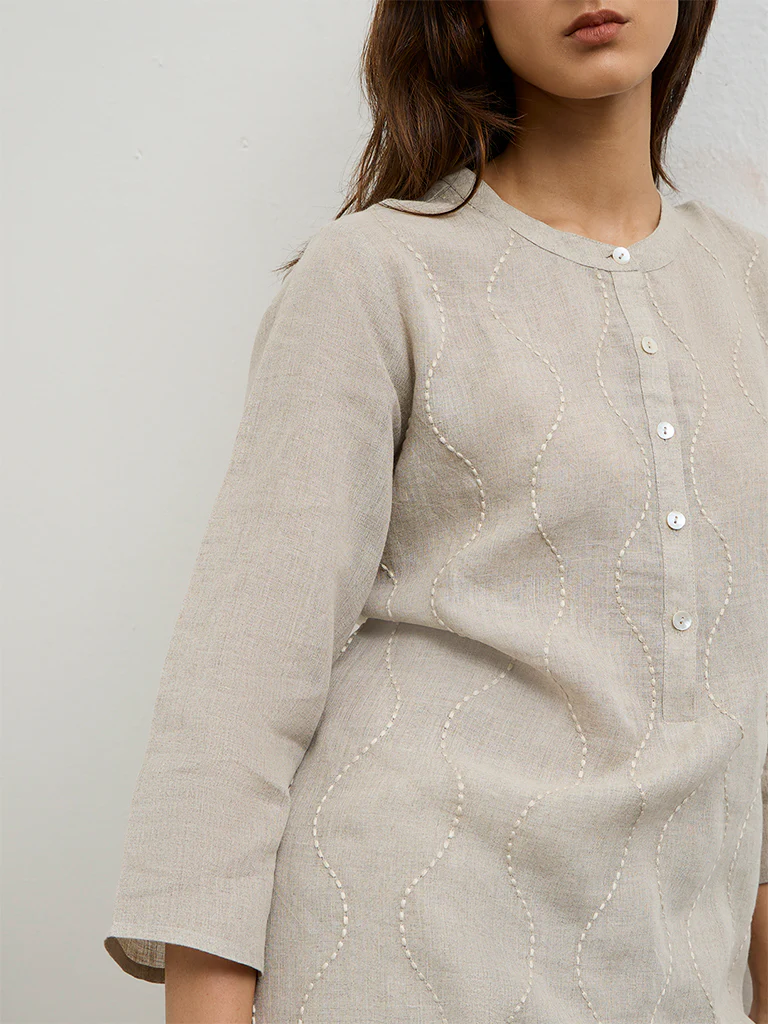 Zuba Light Taupe Embroidered Linen A-Line Kurta - Image 3