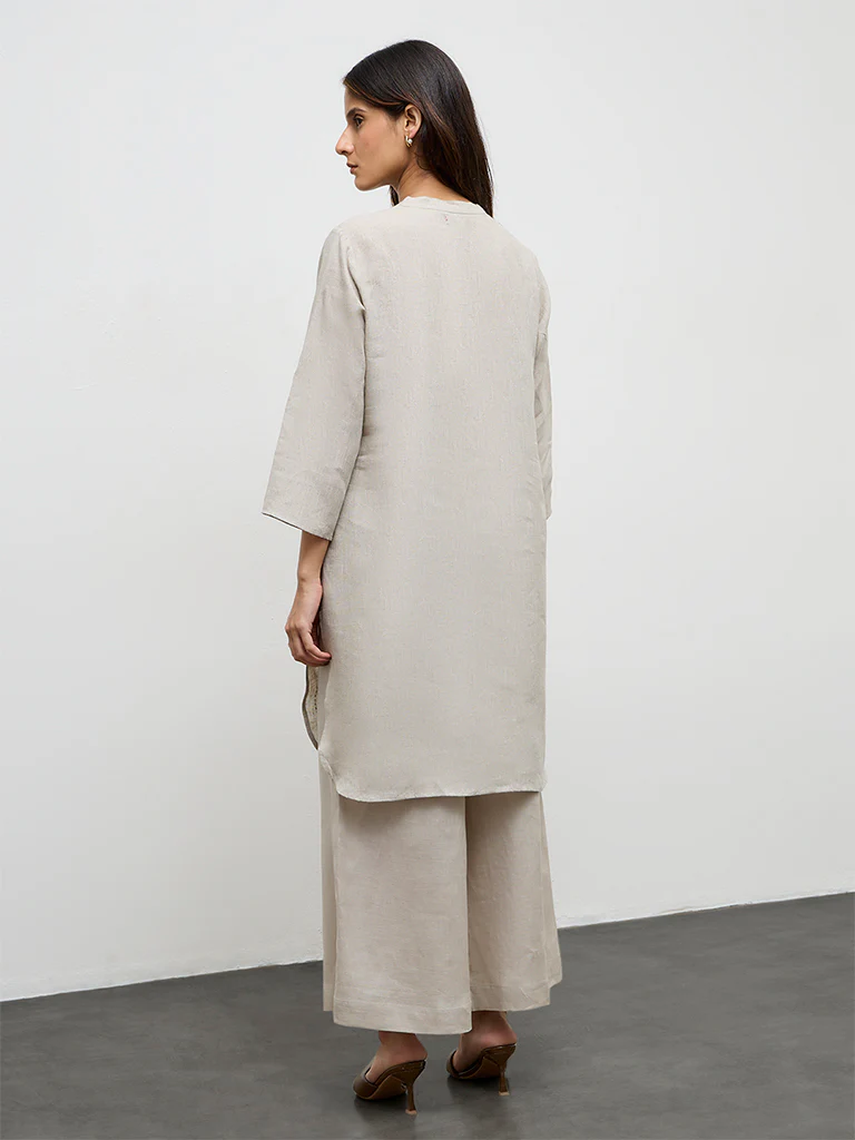 Zuba Light Taupe Embroidered Linen A-Line Kurta - Image 4