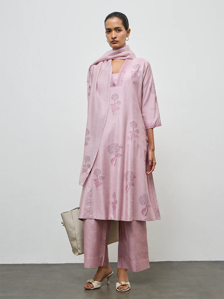 Zuba Lilac Floral Printed A-Line Kurta