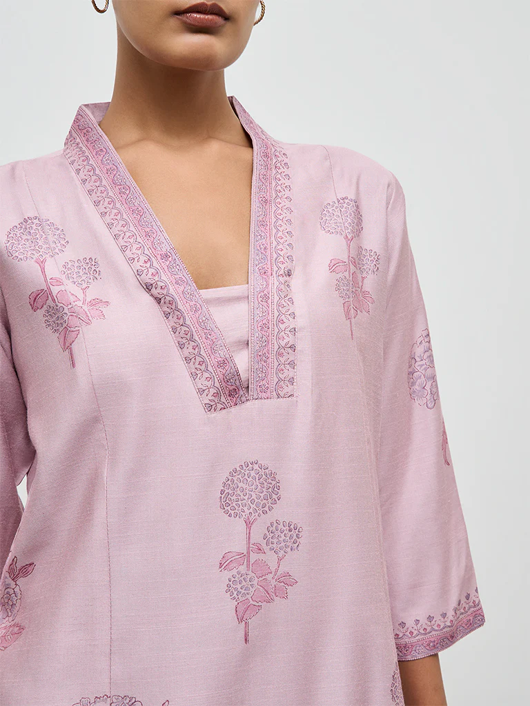 Zuba Lilac Floral Printed A-Line Kurta - Image 3
