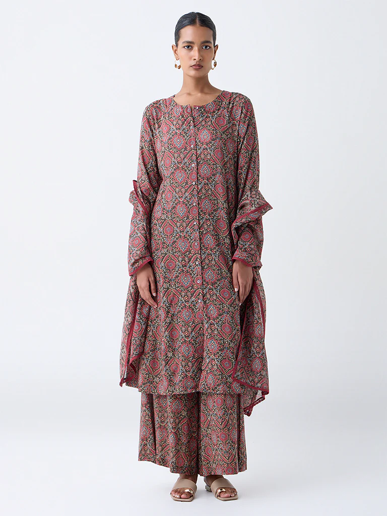 Zuba Maroon Ajrakh Printed A-Line Kurta