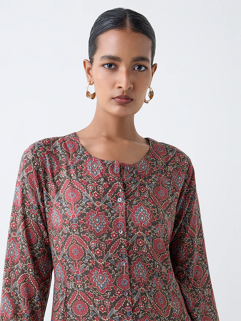 Zuba Maroon Ajrakh Printed A-Line Kurta - Image 3