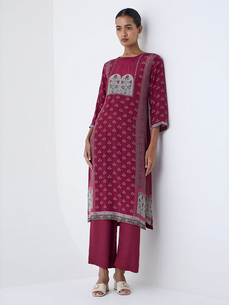 Zuba Maroon Floral Printed A-Line Kurta - Image 2