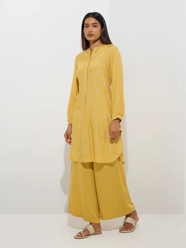 Zuba Mustard Floral Embroidered A-Line Kurta - Image 2