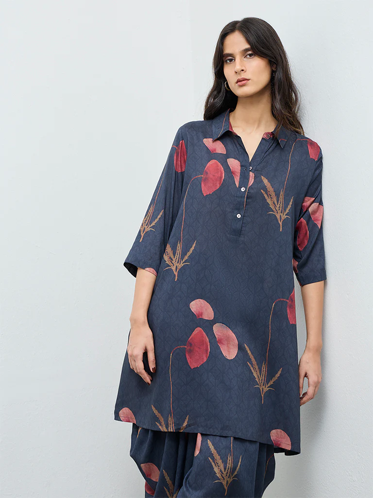 Zuba Navy Botanical Printed A-Line Kurta