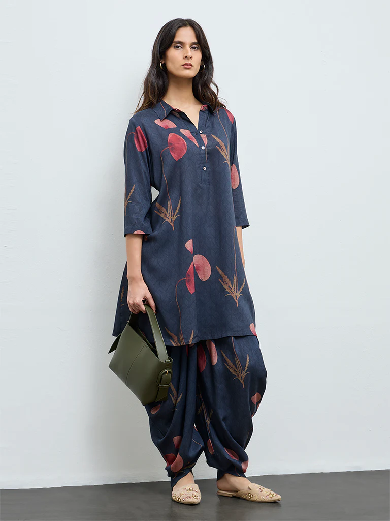 Zuba Navy Botanical Printed A-Line Kurta - Image 2