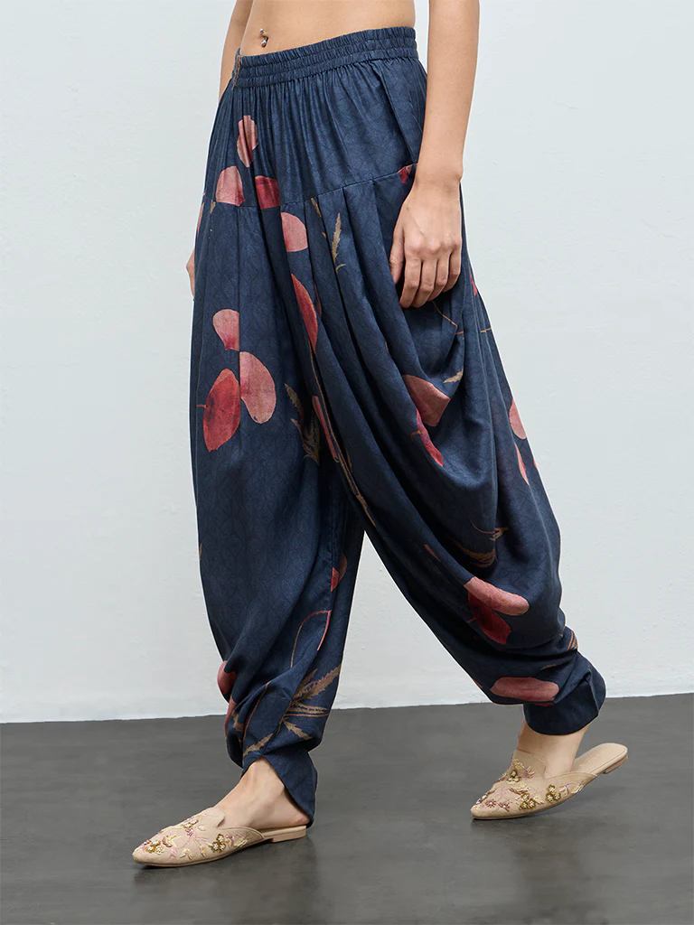 Zuba Navy Botanical Printed Dhoti Pants