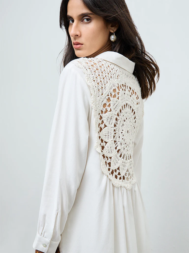 Zuba Off-White Crochet-Detail Asymmetrical Kurta - Image 3