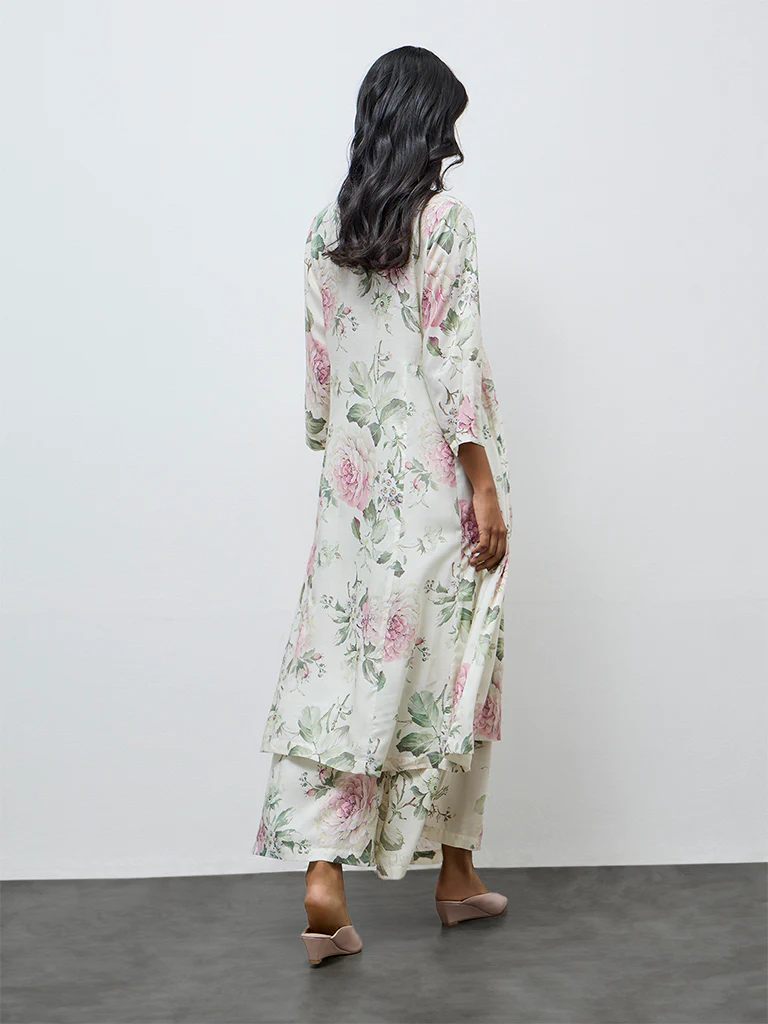 Zuba Off-White Floral A-Line Kurta - Image 4