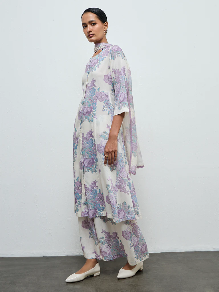 Zuba Off-White Floral A-Line Kurta - Image 2