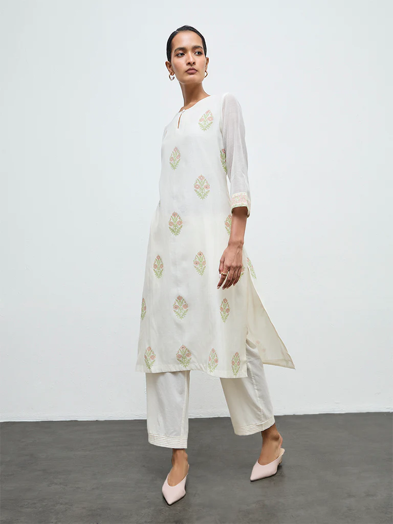 Zuba Off-White Floral Design Cotton-Blend A-Line Kurta - Image 2